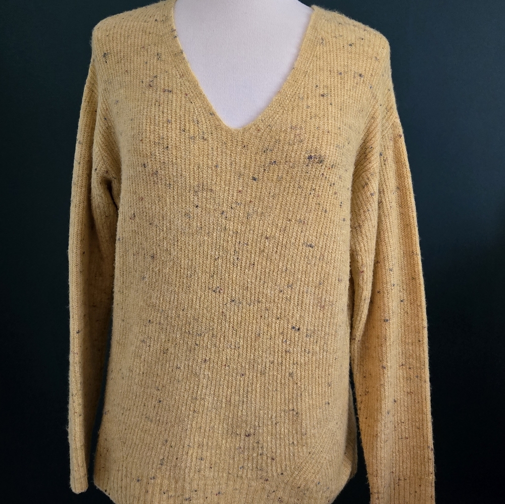 Women’s V-Neck Speckled Knit Sweater - Mustard - Picture 3 of 4